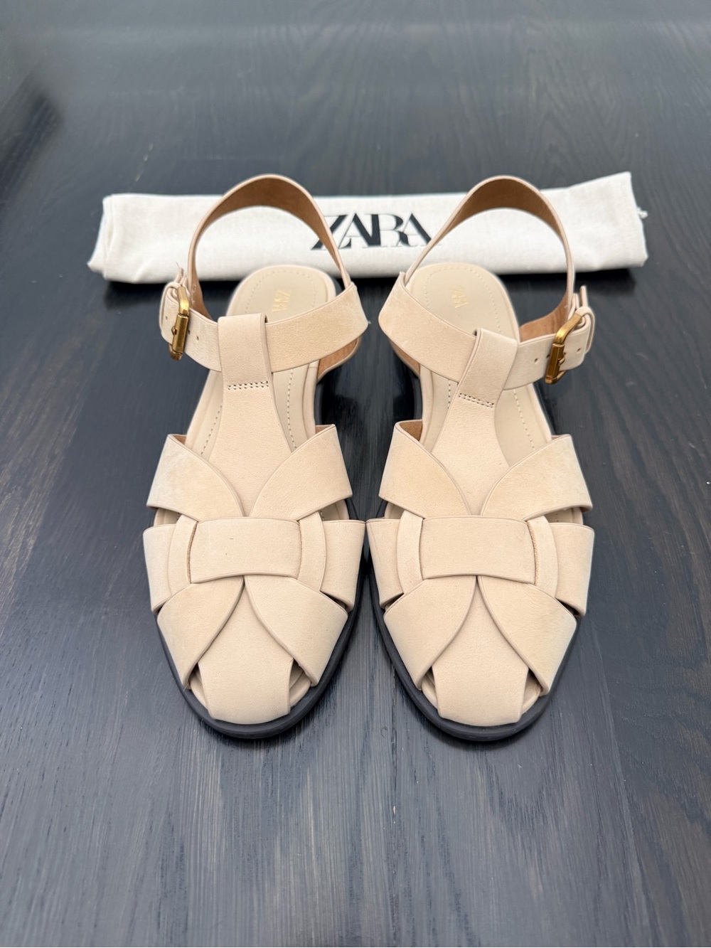 ZARA Beige Woven Soft Slingback Sandals with Gold Buckle